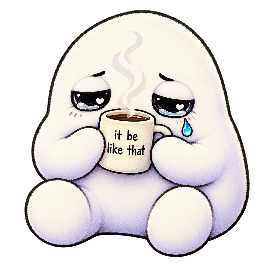 SBO mascot sipping coffee with half-closed eyes