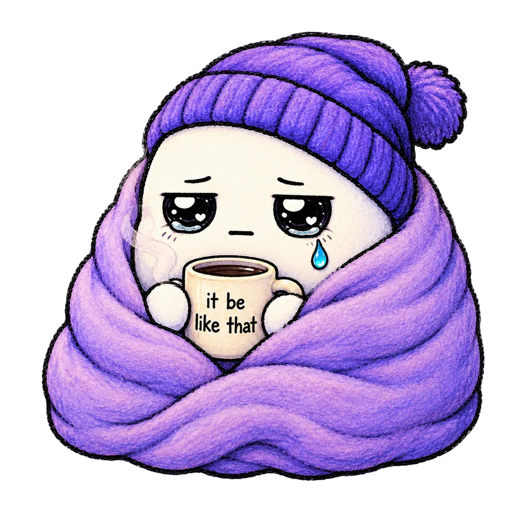 SBO mascot wrapped in a purple blanket and beanie, unimpressed