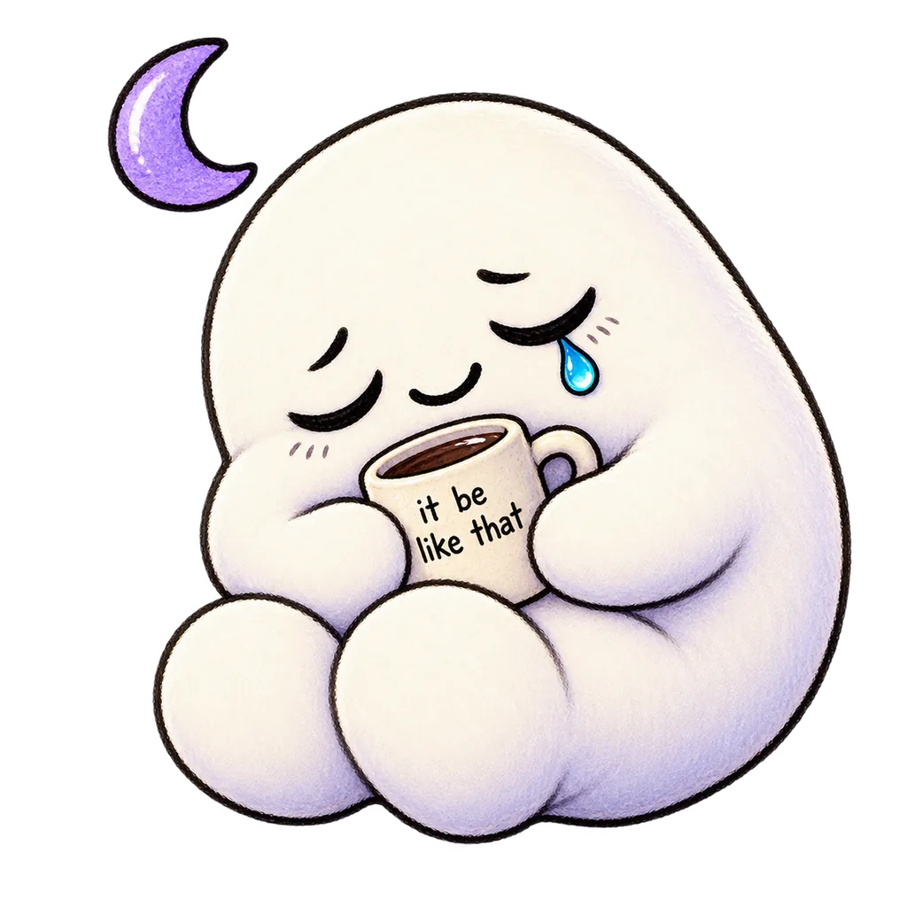 SBO mascot asleep hugging the mug under a crescent moon